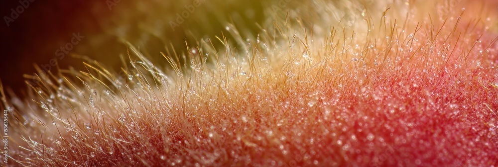 Poster close-up of peach fuzz with macro details showing droplets and vibrant colors in early morning light