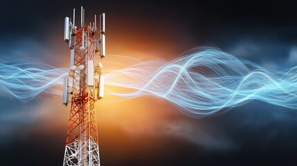 Telecommunication tower glowing with bright blue-orange digital waves, representing data transmission, wireless connectivity, and futuristic telecom energy, Generative AI