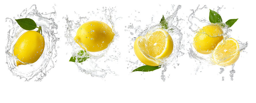 Set of fresh delicious lemons splashing with leaves, cut out png On Transparent background.