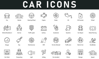 Car Icons vector illustration with thin line editable stroke contains speed, garage, vehicle, brake, oil, wheel, service, repair, key, gauge, maintenance, GPS, handbrake, airbag, light, carpooling