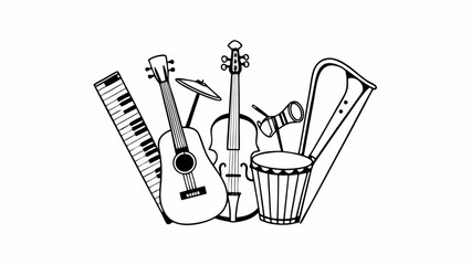 Illustration showcasing an assortment of musical instruments including a piano, guitar, violin, and a harp instrument
