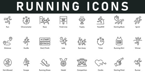 Running Icons vector illustration with thin line editable stroke contains chronometer, race, finish line, trophy, treadmill, starting block, sprint, runner, competition, shoes, medal, cardio, winner