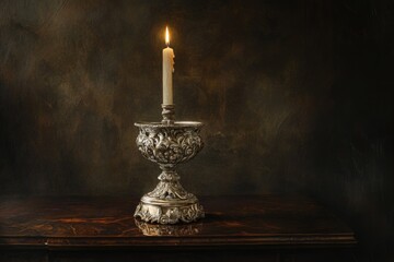 A single lit candle in an ornate silver candlestick illuminates a dark, textured room, casting a warm, solitary glow.