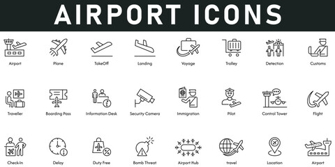Airport Icons vector illustration with thin line editable stroke contains plane, takeoff, voyage, trolley, custom, location, travel, hub, delay, check in, flight, pilot, control tower, security camera