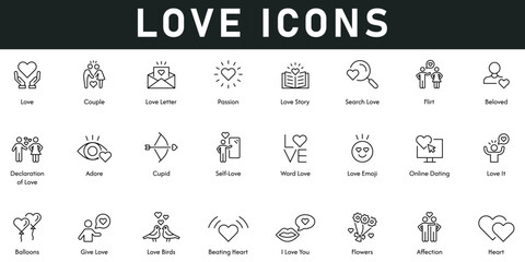 Love Icons vector illustration with thin line editable stroke contain couple, love letter, passion, flirt, beloved, adore, affection, flower, I love you, lovebirds, give love, online dating, self love
