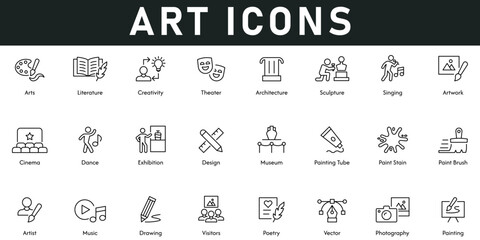 Art Icons vector illustration with thin line editable stroke contains literature, creativity, theater, architecture, singing, artwork, cinema, dance, exhibition, design, museum, paint stain, vector