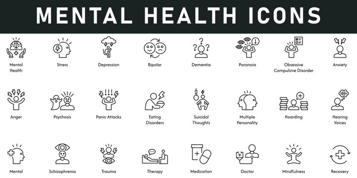 Mental Health Icons vector illustration with thin line editable stroke contains stress, depression, bipolar, anxiety, recovery, mindfulness, medication, trauma, anger, therapy, psychosis, panic attack