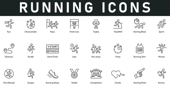 Running Icons vector illustration with thin line editable stroke contains chronometer, race, finish line, trophy, treadmill, starting block, sprint, runner, competition, shoes, medal, cardio, winner