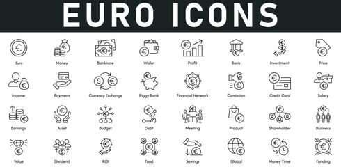 Euro Icons vector illustration with thin line editable stroke contain money, funding, global, fund, budget, asset, dividend, earning, salary, credit card, financial network, currency exchange, payment