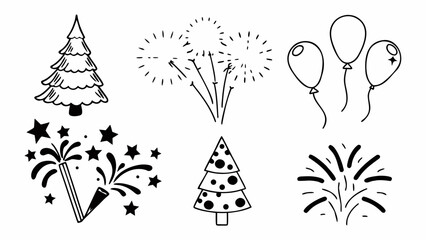 Fototapeta premium Illustration of christmas trees, fireworks, party popper, and balloons in a black and white doodle style design