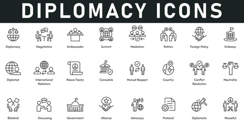 Diplomacy Icons vector illustration with thin line editable stroke contains negotiation, ambassador, summit, protocol, alliance, government, neutrality, mutual respect, peace treaty, international