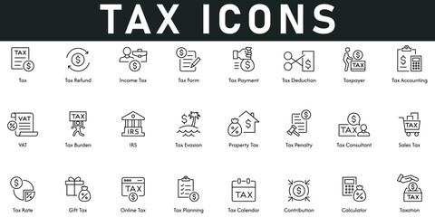 Tax Icons vector illustration with thin line editable stroke contains tax refund, income tax, calculator, tax planning, calendar, rate, penalty, evasion, burden, accounting, deduction, form, IRS, VAT