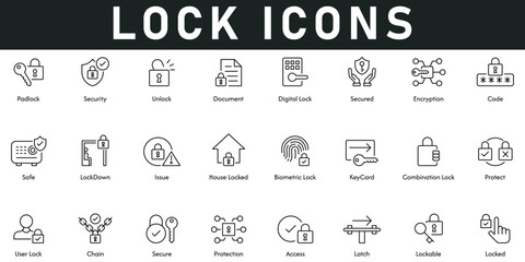 Lock Icons vector illustration with thin line editable stroke contains padlock, security, unlock, document, digital lock, locked, access, protection, secure, chain, user lock, biometric lock, issue