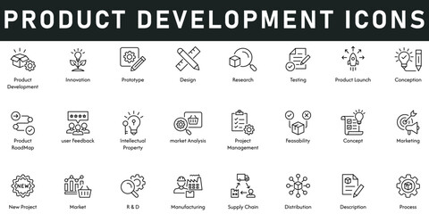 Product Development Icons vector illustration with thin line editable stroke contains innovation, research, process, distribution, manufacturing, marketing, project management, intellectual property.