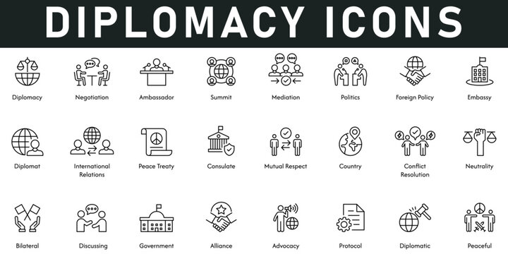 Diplomacy Icons vector illustration with thin line editable stroke contains negotiation, ambassador, summit, protocol, alliance, government, neutrality, mutual respect, peace treaty, international