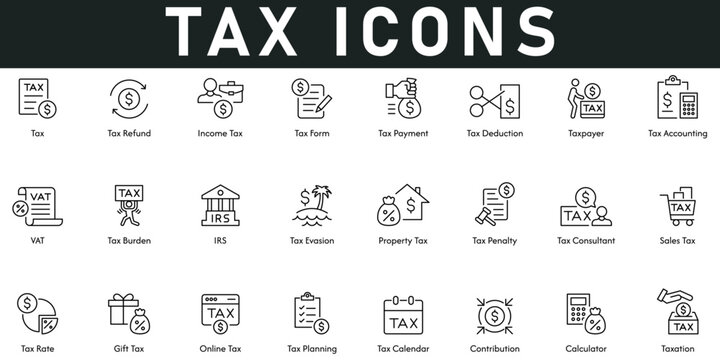 Tax Icons vector illustration with thin line editable stroke contains tax refund, income tax, calculator, tax planning, calendar, rate, penalty, evasion, burden, accounting, deduction, form, IRS, VAT