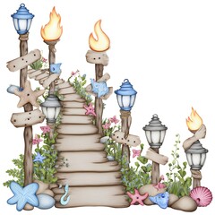 Charming Garden Walkway Illustration with Lanterns and Wooden Signpost
