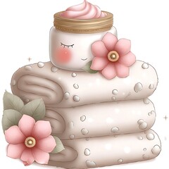 Polka Dot Spa Towel Stack with Cream Jar and Pink Floral Accent Illustration
