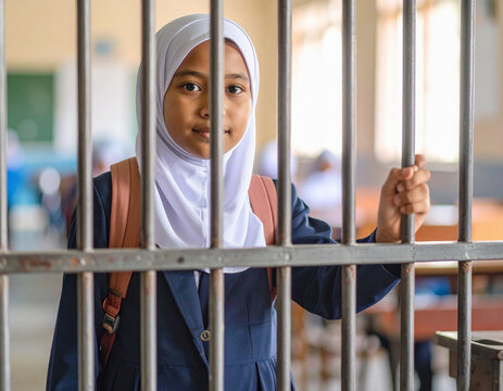A Muslim girl, muslim child  in school uniform standing behind a metal gate,