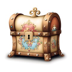 Ornate Vintage Treasure Chest with Floral Filigree and Jeweled Accents for Fantasy and Decorative Themes
