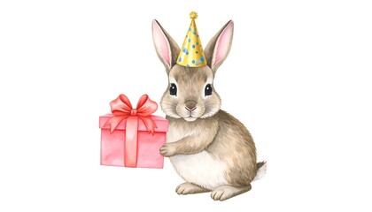 Obraz premium Cute bunny with a party hat holding a gift