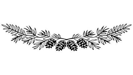 Illustration of a symmetrical arrangement of pine branches and cones in black and white outline style