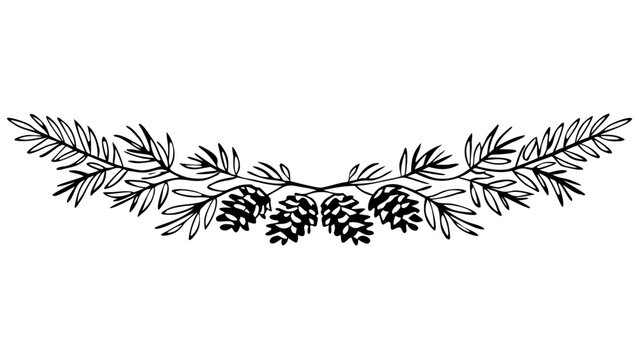 Illustration of a symmetrical arrangement of pine branches and cones in black and white outline style