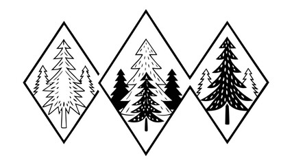 Obraz premium Three diamond shaped frames each containing stylized pine trees with varying levels of detail and fill