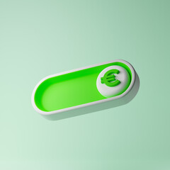 Green on toggle switch button with euro sign isolated over lime green background. App slider concept. Mockup template. 3d rendering.