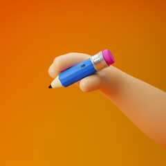 Cartoon hand holding pencil with rubber eraser isolated over yellow background. 3d rendering.