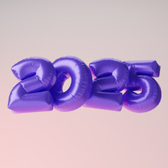 Inflated purple 2025 balloons isolated over pink background. 3D rendering.