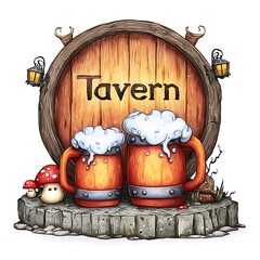 Handcrafted Barrel Tavern Entrance Illustration with Beer Mugs & Mushroom Decor for Game Assets
