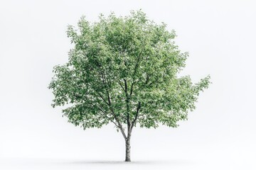 Fototapeta premium A single, flourishing green tree stands alone, isolated against a pristine, minimalist white background, evoking a sense of tranquility.