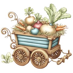 Blue Wooden Vegetable Cart Vector with Harvest Produce for Rustic Design
