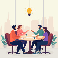 Flat vector illustration of a diverse business team having a discussion around a round table. People sharing ideas, working with documents and coffee. Modern teamwork, communication, collaboration