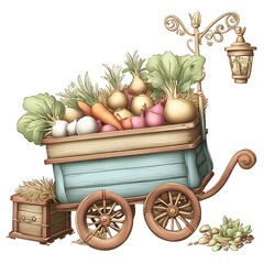 Vintage Farm Wagon with Lantern and Fresh Vegetables Rustic Illustration
