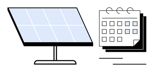 Solar panel alongside a calendar with marked dates, indicating scheduling, renewable energy usage, sustainability planning. Ideal for environmental conservation, solar power, energy efficiency, time