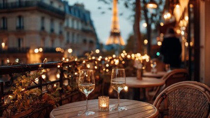 Romantic parisian cafe evening with Eiffel Tower view