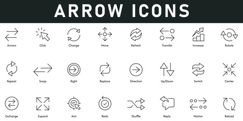 Arrow Icons vector illustration with thin line editable stroke containing click. change, move, refresh, transfer, increase, rotate, repeat, swap, right, replace, direction, switch, center, expand, aim