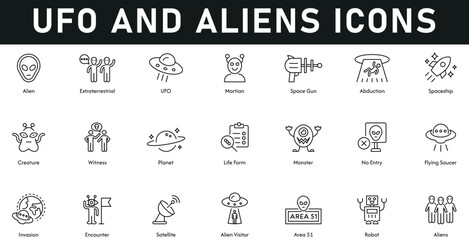 Ufo and Aliens Icons vector illustration with thin line editable stroke containing Martian, robot, satellite, invasion, saucer, monster, spaceship, planet, creature. © Clerk