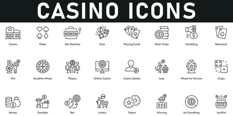 Casino Icons vector illustration with thin line editable stroke containing poker, slot machine, dice, playing cards, jackpot, money, craps, win, gambler, fortune wheel, dealer, players, roulette wheel