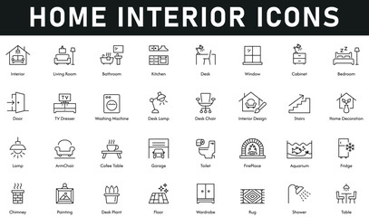 Home Interior Icons vector illustration with thin line editable stroke containing living, bathroom, kitchen, window, bedroom, door, table, floor, fridge, toilet, garage, lamp, stairs, rug, wardrobe.