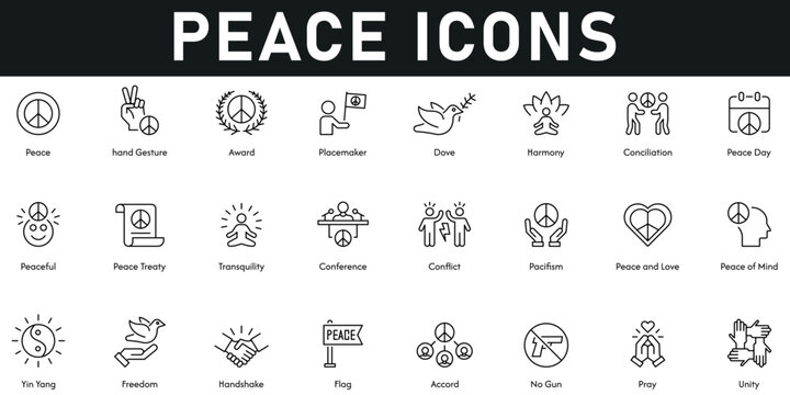 Peace Icons vector illustration with thin line editable stroke containing award, peacemaker, dove, harmony, peaceful, treaty, tranquility, conflict, pacifism, unity, handshake, pray, love, freedom.