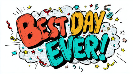 Speech bubble that says "Best Day Ever!" in party theme, transparent background