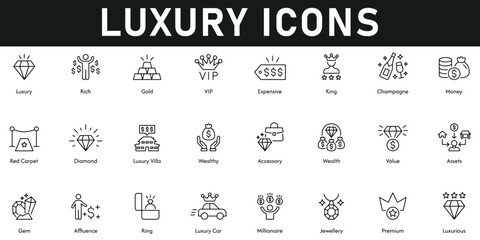 Luxury Icons vector illustration with thin line editable stroke containing rich, premium, millionaire, ring, gem, assets, value, king, money, expensive, gold, diamond, wealthy, jewelry, affluence.