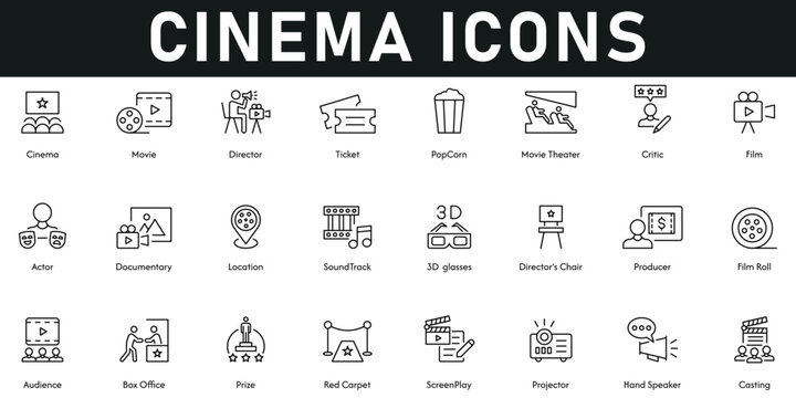 Cinema Icons vector illustration with thin line editable stroke containing movie, projector, audience, actor, film, ticket, director, soundtrack, 3D glasses, screenplay, box office, critic, popcorn.