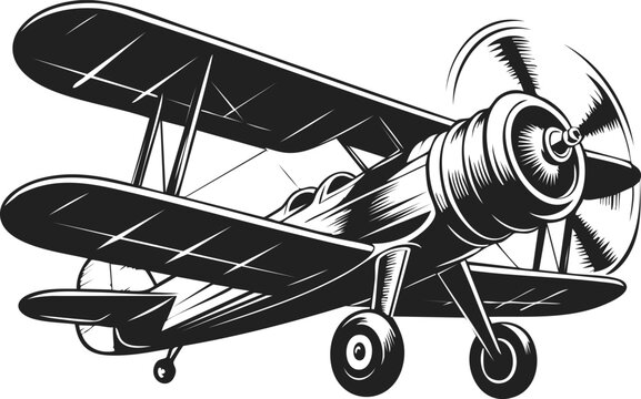 Vintage biplane design, classic aircraft, retro aviation art, engraved flying machine, aeronautical emblem, travel icon