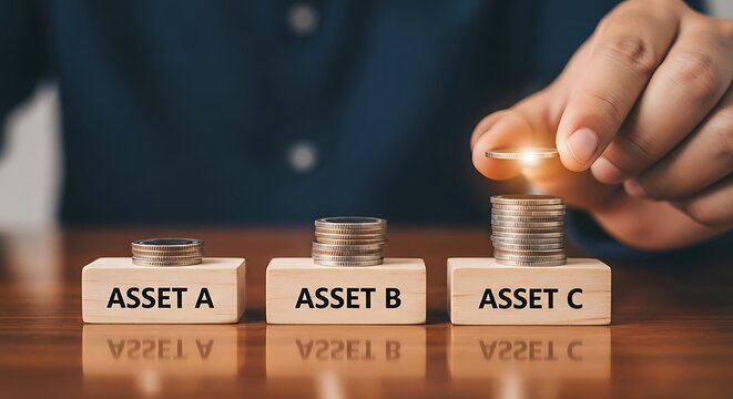 Investment choices show financial growth with stacks of coins on wooden blocks for asset allocation and portfolio diversification.