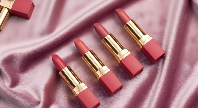 Collection of Elegant Pink Lipsticks on Luxurious Silk Fabric.
Beautiful Rose Gold Lipsticks: Perfect for Beauty and Cosmetics.