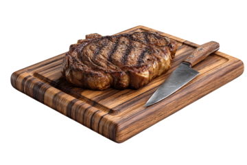 Grilled Beef Steak with Knife on Wooden Board Isolated on Transparent Background

